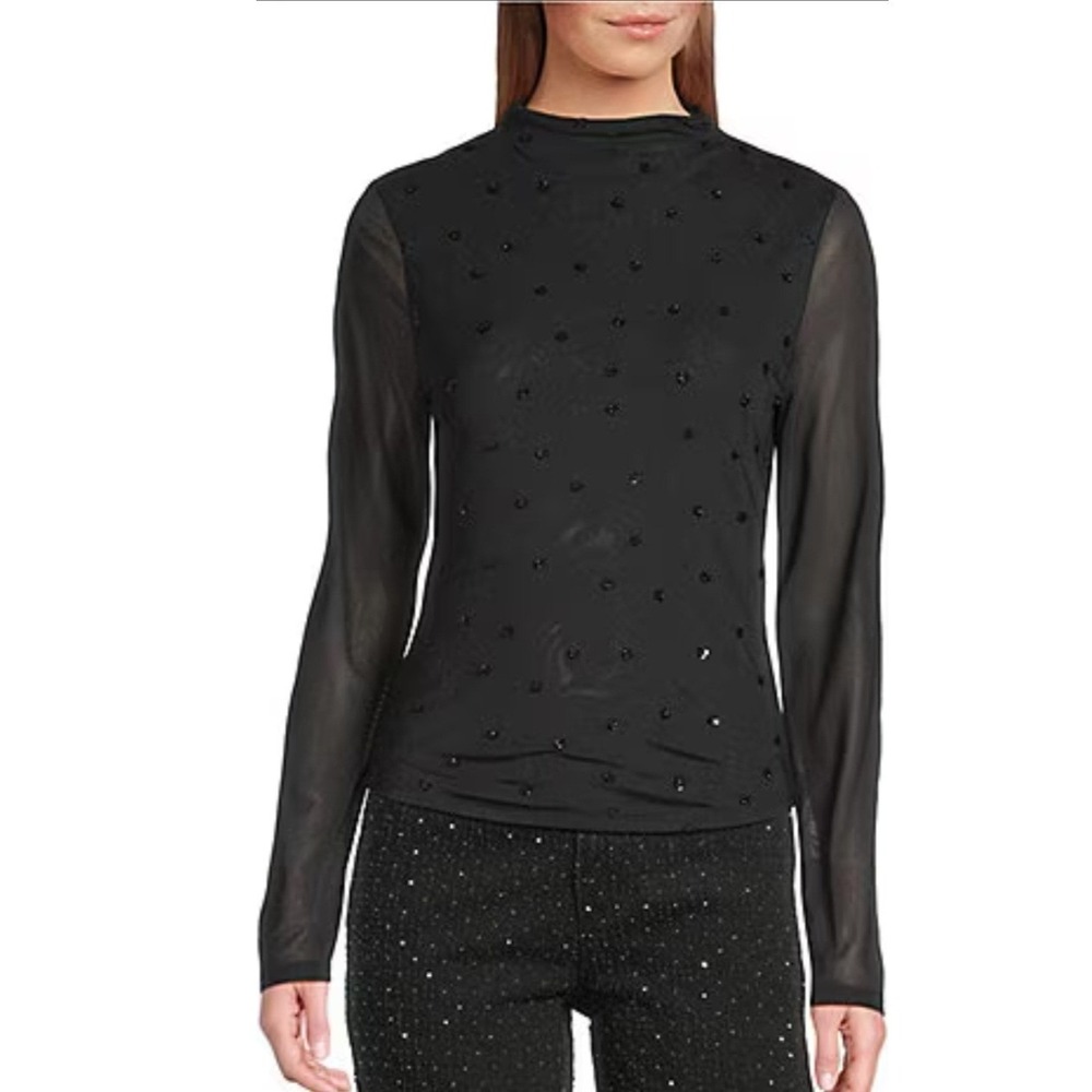 Madden Girl Black Mesh Rhinestone Ruched Long Sleeve Top XS Black Slim Fit NWOT